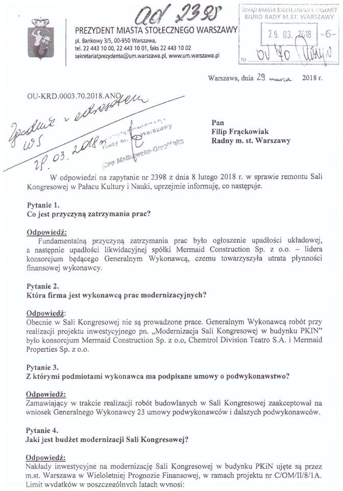 Jak remontuje Salę Kongresową??? (Mamy kopię dokumentów)