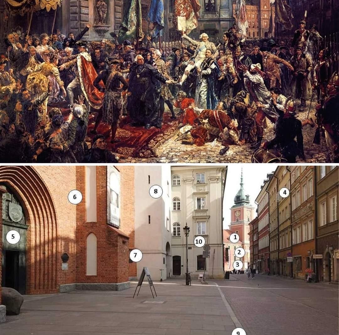 Matejko dokonał kompilacji widoków ulicy i budynków z różnych okresów. Czym się różnią od dzisiejszego wyglądu?