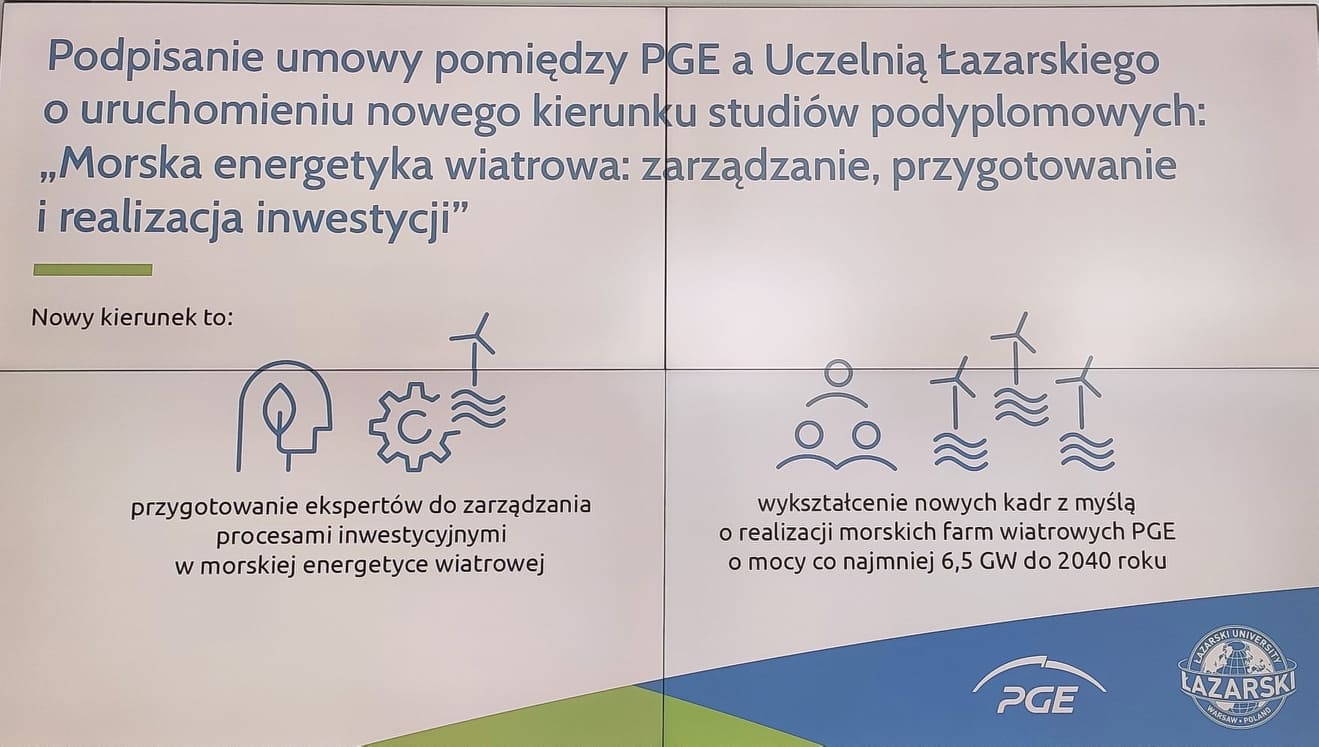 PGE wspólnie z Uczelnią Łazarskiego uruchamia pierwszy w Polsce kierunek zarządzania procesami inwestycyjnymi w morskiej energetyce wiatrowej